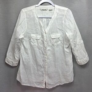 Orvis White All Linen Button Down Shirt Top Womens M 3 Qtr Sleeve Pockets White